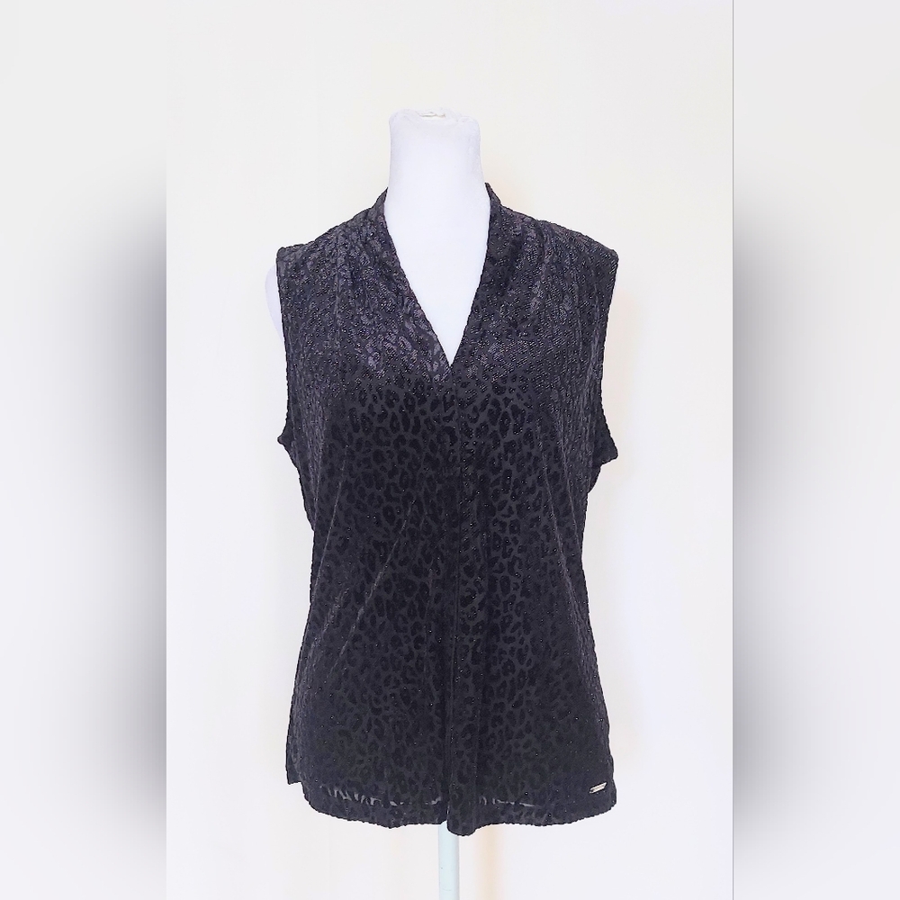 Calvin Klein Sleeveless Black Shimmer Top Size Medium Animal Print